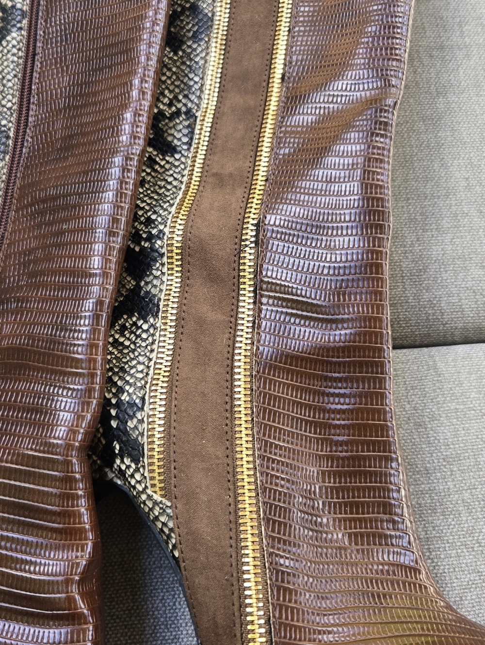 Shoe Dazzle Kioni Brown Snakeskin-Print Knee Boots with Gold Zip - Picture 7 of 16